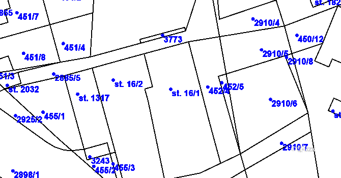 Parcela st. 16/1 v KÚ Bystřice pod Hostýnem, Katastrální mapa