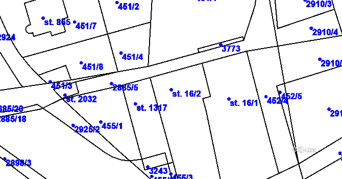 Parcela st. 16/2 v KÚ Bystřice pod Hostýnem, Katastrální mapa