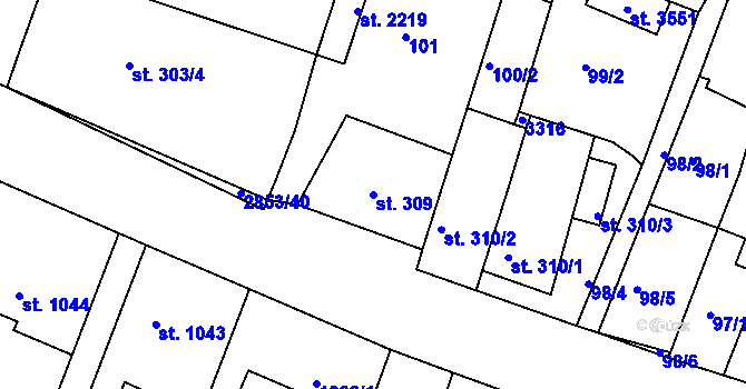 Parcela st. 309 v KÚ Bystřice pod Hostýnem, Katastrální mapa