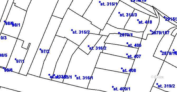 Parcela st. 316/2 v KÚ Bystřice pod Hostýnem, Katastrální mapa