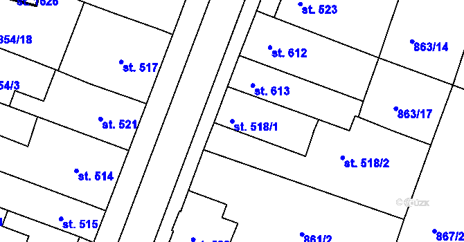Parcela st. 518/1 v KÚ Bystřice pod Hostýnem, Katastrální mapa