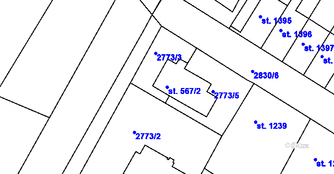 Parcela st. 567/2 v KÚ Bystřice pod Hostýnem, Katastrální mapa