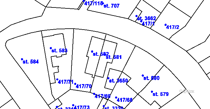 Parcela st. 581 v KÚ Bystřice pod Hostýnem, Katastrální mapa