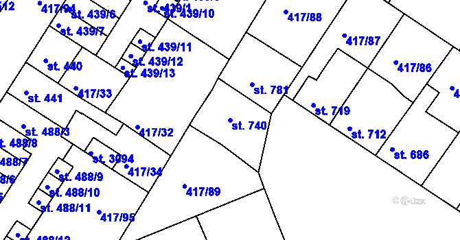Parcela st. 740 v KÚ Bystřice pod Hostýnem, Katastrální mapa