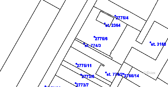 Parcela st. 774/3 v KÚ Bystřice pod Hostýnem, Katastrální mapa