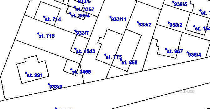 Parcela st. 775 v KÚ Bystřice pod Hostýnem, Katastrální mapa