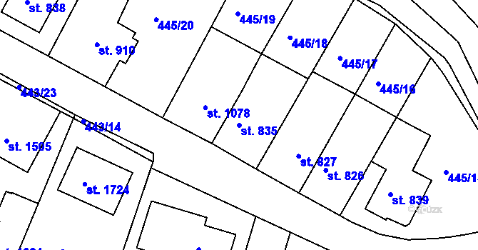 Parcela st. 835 v KÚ Bystřice pod Hostýnem, Katastrální mapa
