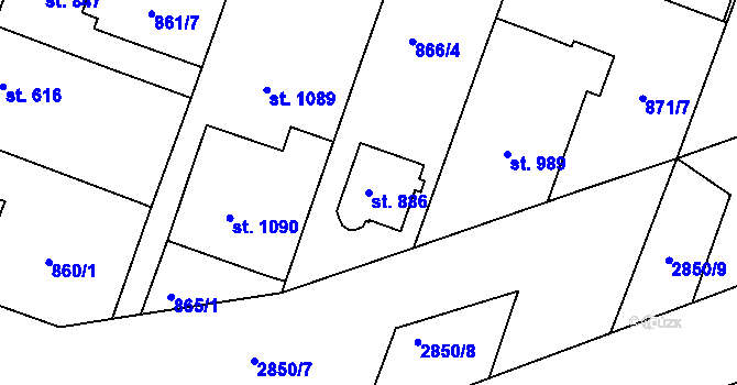 Parcela st. 886 v KÚ Bystřice pod Hostýnem, Katastrální mapa