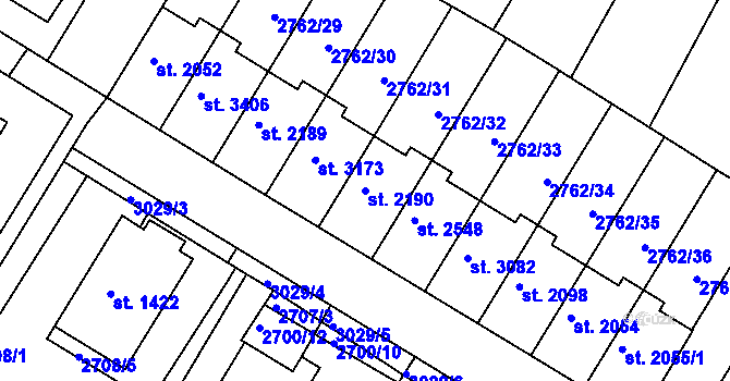 Parcela st. 2190 v KÚ Bystřice pod Hostýnem, Katastrální mapa