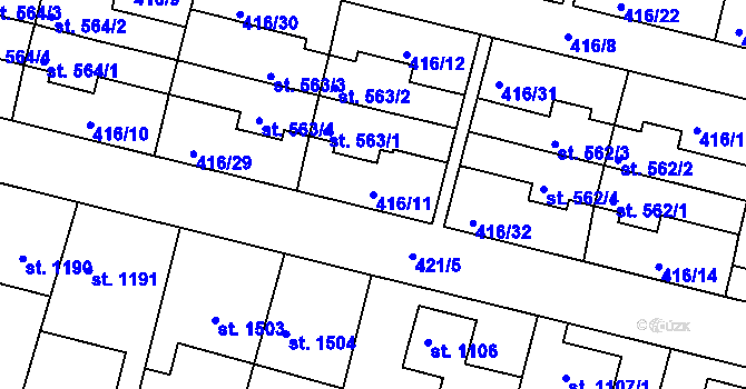 Parcela st. 416/11 v KÚ Bystřice pod Hostýnem, Katastrální mapa