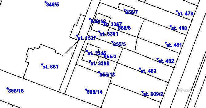 Parcela st. 855/3 v KÚ Bystřice pod Hostýnem, Katastrální mapa