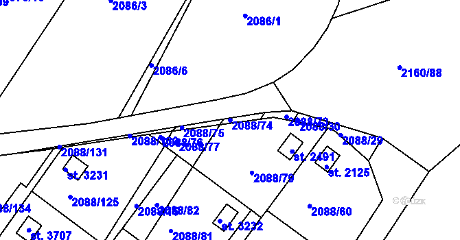 Parcela st. 2088/74 v KÚ Bystřice pod Hostýnem, Katastrální mapa