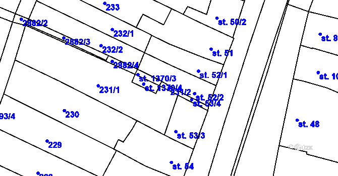 Parcela st. 231/2 v KÚ Bystřice pod Hostýnem, Katastrální mapa