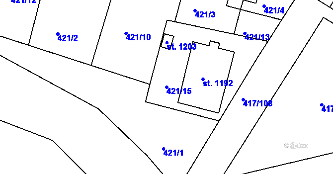 Parcela st. 421/15 v KÚ Bystřice pod Hostýnem, Katastrální mapa