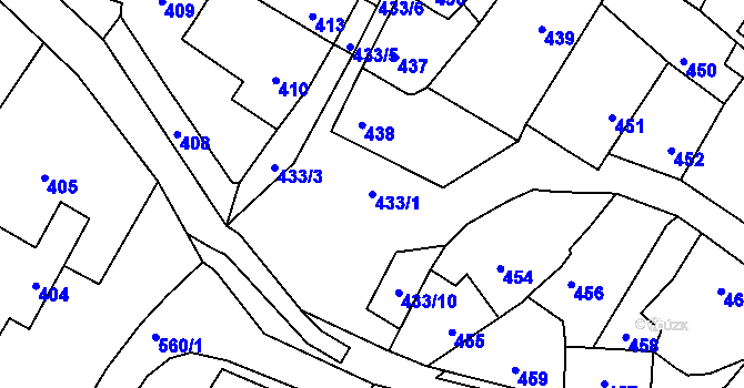 Parcela st. 433/1 v KÚ Rychlov u Bystřice pod Hostýnem, Katastrální mapa
