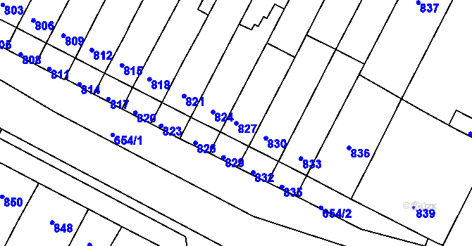 Parcela st. 827 v KÚ Rychlov u Bystřice pod Hostýnem, Katastrální mapa