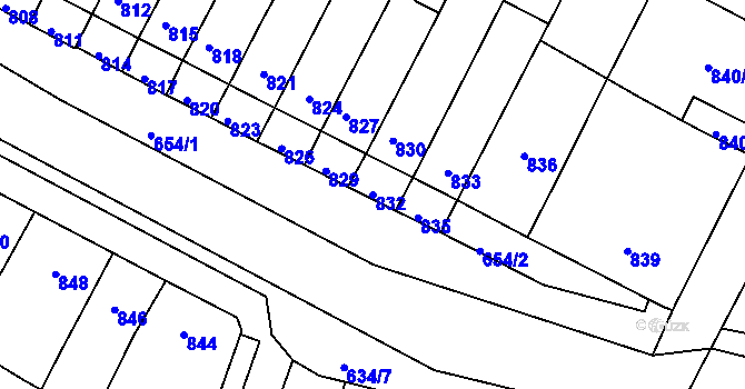 Parcela st. 832 v KÚ Rychlov u Bystřice pod Hostýnem, Katastrální mapa