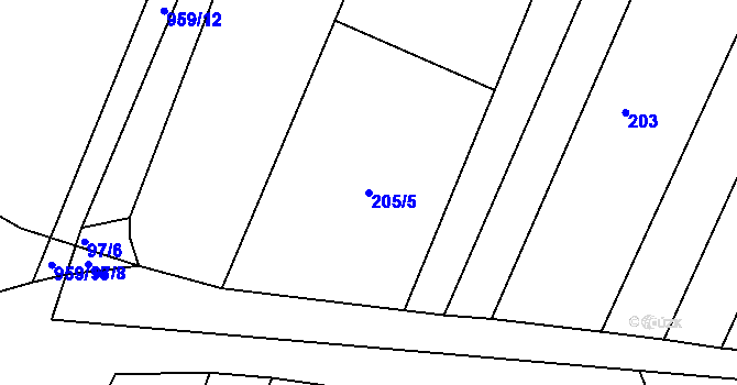 Parcela st. 205/5 v KÚ Rychlov u Bystřice pod Hostýnem, Katastrální mapa