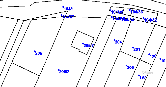 Parcela st. 205/7 v KÚ Rychlov u Bystřice pod Hostýnem, Katastrální mapa