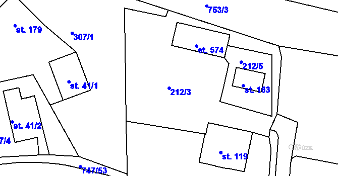 Parcela st. 212/3 v KÚ Bystřička II, Katastrální mapa