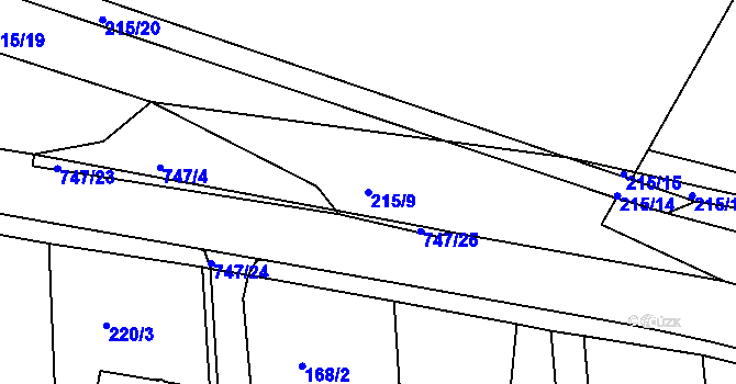 Parcela st. 215/9 v KÚ Bystřička II, Katastrální mapa