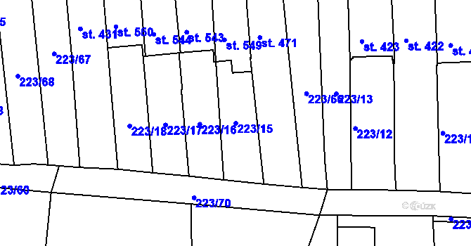 Parcela st. 223/15 v KÚ Bystřička II, Katastrální mapa