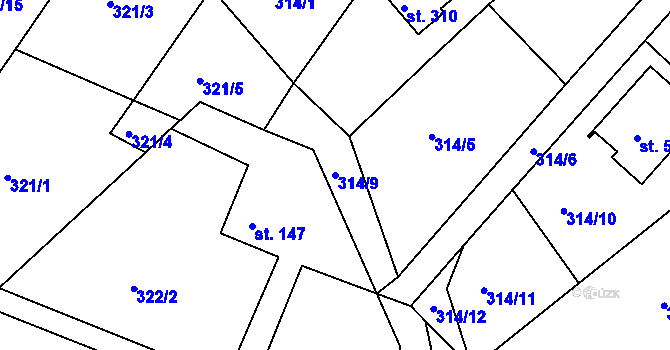 Parcela st. 314/9 v KÚ Bystřička II, Katastrální mapa
