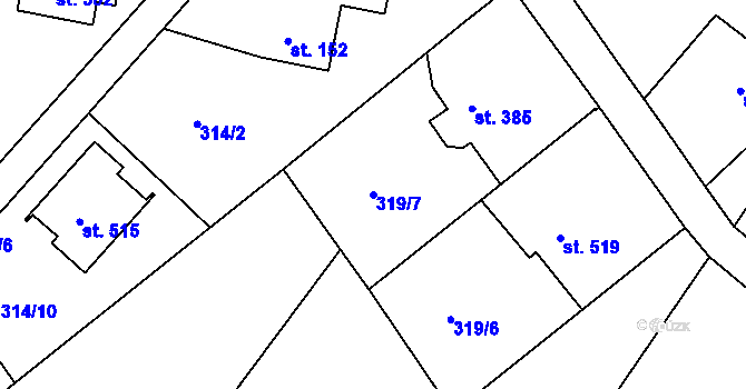 Parcela st. 319/7 v KÚ Bystřička II, Katastrální mapa