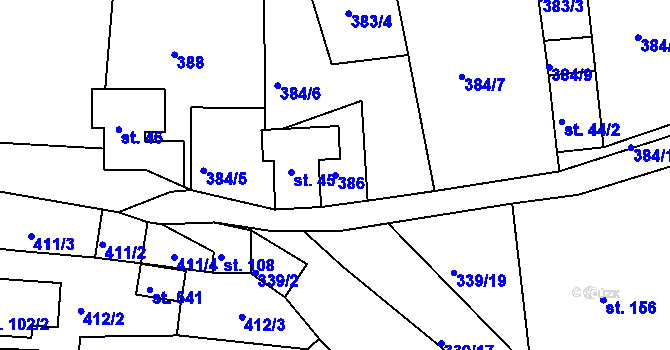 Parcela st. 386 v KÚ Bystřička II, Katastrální mapa