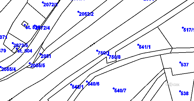 Parcela st. 750/1 v KÚ Bystřička II, Katastrální mapa