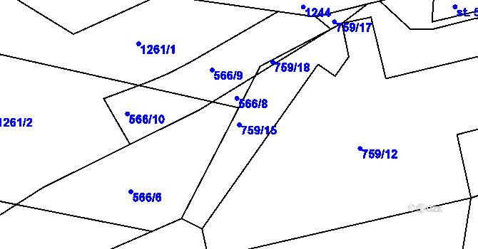Parcela st. 759/15 v KÚ Bystřička II, Katastrální mapa
