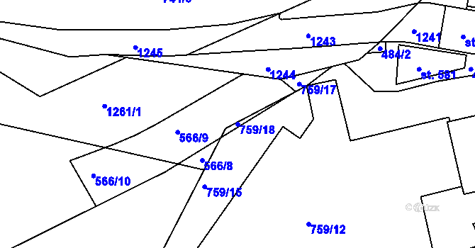 Parcela st. 759/18 v KÚ Bystřička II, Katastrální mapa