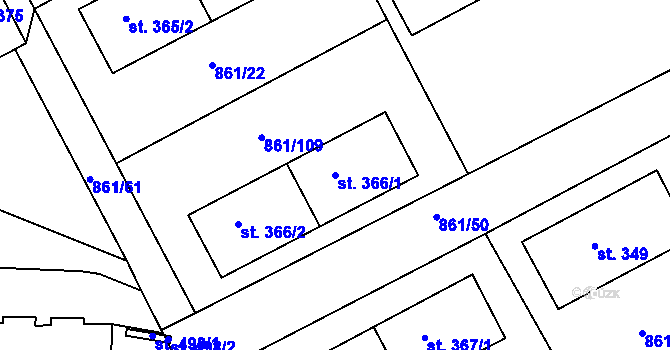 Parcela st. 366/1 v KÚ Byšice, Katastrální mapa