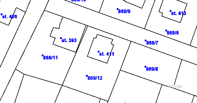 Parcela st. 411 v KÚ Byšice, Katastrální mapa