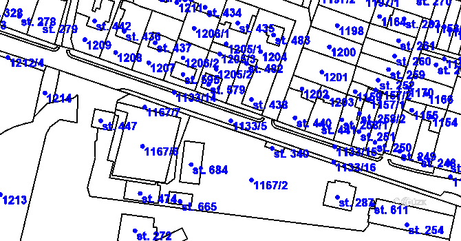 Parcela st. 1133/5 v KÚ Byšice, Katastrální mapa