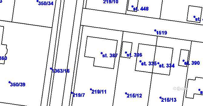 Parcela st. 387 v KÚ Býšť, Katastrální mapa