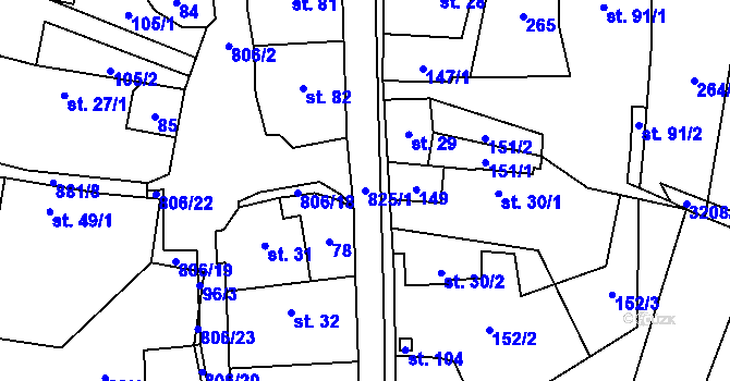 Parcela st. 825/1 v KÚ Byzhradec, Katastrální mapa