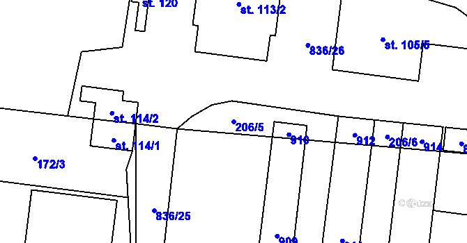 Parcela st. 206/5 v KÚ Byzhradec, Katastrální mapa