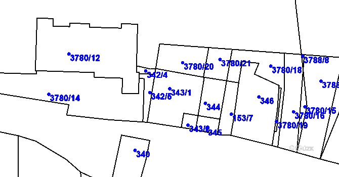 Parcela st. 343/1 v KÚ Bzenec, Katastrální mapa
