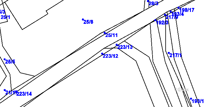 Parcela st. 223/12 v KÚ Bzí, Katastrální mapa