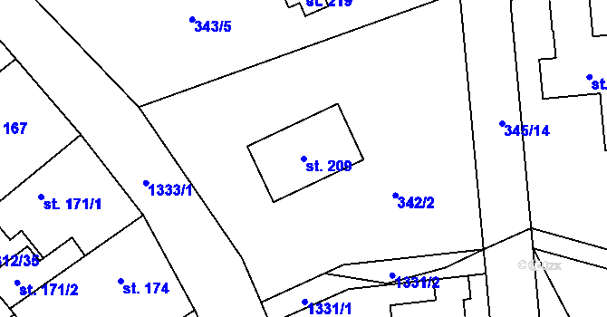 Parcela st. 209 v KÚ Bzová u Hořovic, Katastrální mapa