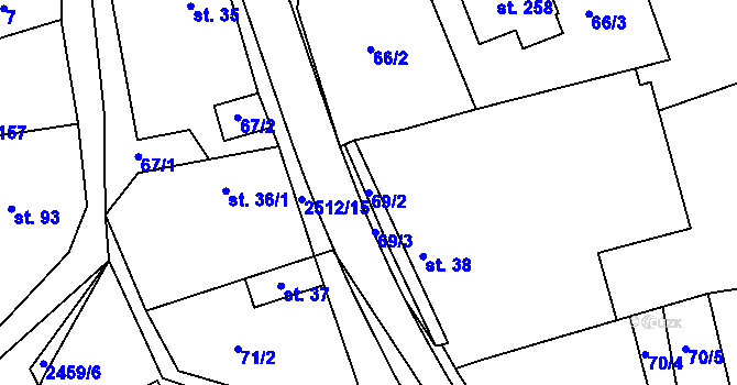 Parcela st. 69/2 v KÚ Bzová u Uherského Brodu, Katastrální mapa