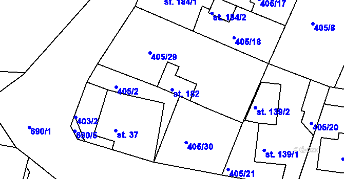 Parcela st. 182 v KÚ Bžany, Katastrální mapa