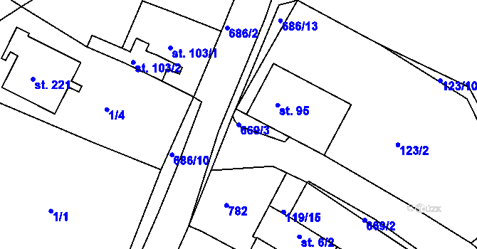 Parcela st. 669/3 v KÚ Bžany, Katastrální mapa