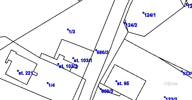 Parcela st. 686/2 v KÚ Bžany, Katastrální mapa