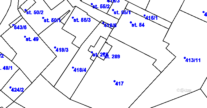 Parcela st. 289 v KÚ Bžany, Katastrální mapa