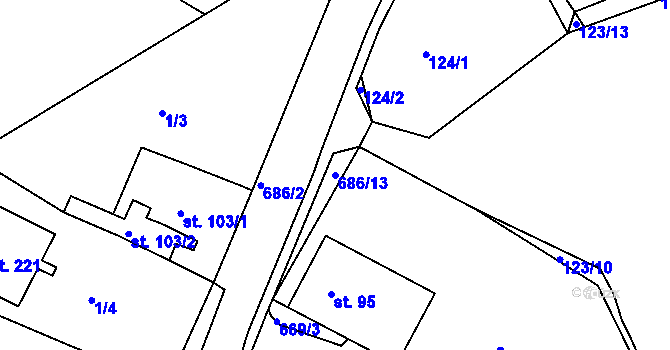 Parcela st. 686/13 v KÚ Bžany, Katastrální mapa