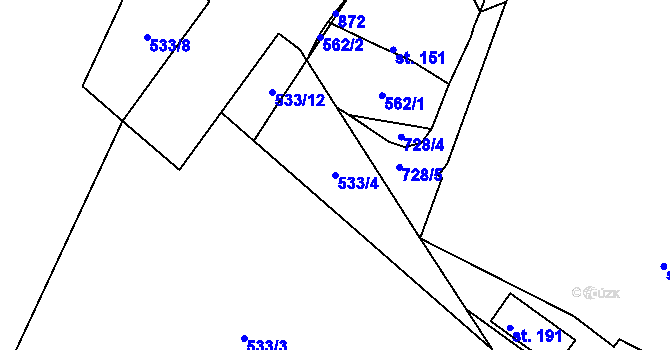 Parcela st. 533/4 v KÚ Lhenice u Bžan, Katastrální mapa