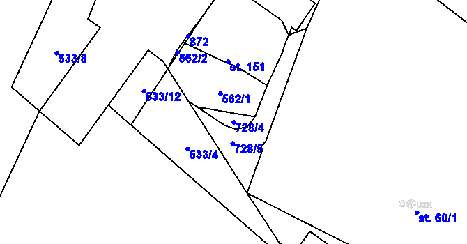 Parcela st. 728/4 v KÚ Lhenice u Bžan, Katastrální mapa