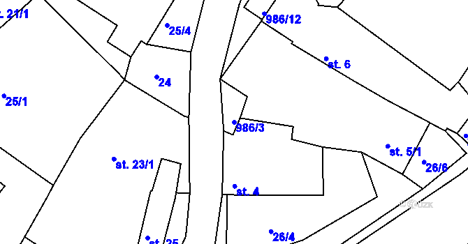 Parcela st. 986/3 v KÚ Dvorce u Jihlavy, Katastrální mapa